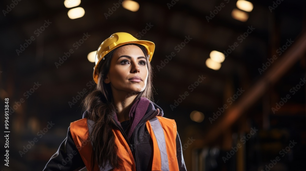 Worker in focus with a determined expression, posing in a dimly lit industrial setting, wearing a hard hat and safety vest. The scene conveys strength and resilience. Worker in focus with a determined expression, posing in a dimly lit industrial setting, wearing a hard hat and safety vest. The scene conveys strength and resilience.
