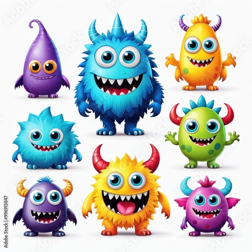 A colorful array of cartoon monsters with cheerful expressions and playful designs.