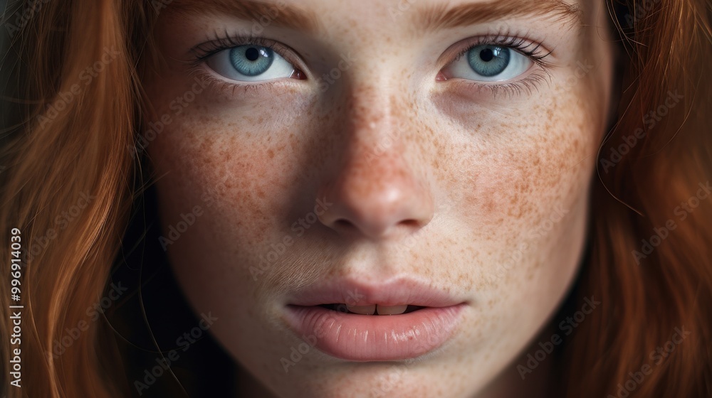 A close-up portrait of a freckled young woman with piercing blue eyes and red hair; her intense gaze captures a moment of raw, natural beauty. A close-up portrait of a freckled young woman with piercing blue eyes and red hair; her intense gaze captures a moment of raw, natural beauty.
