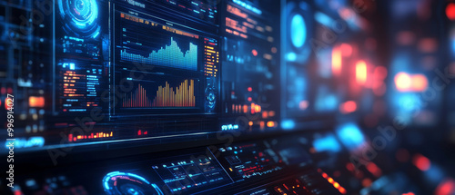 Wallpaper Mural High tech hologram display showcasing production monitoring data with vibrant graphs and digital interfaces. futuristic design evokes sense of innovation and efficiency Torontodigital.ca