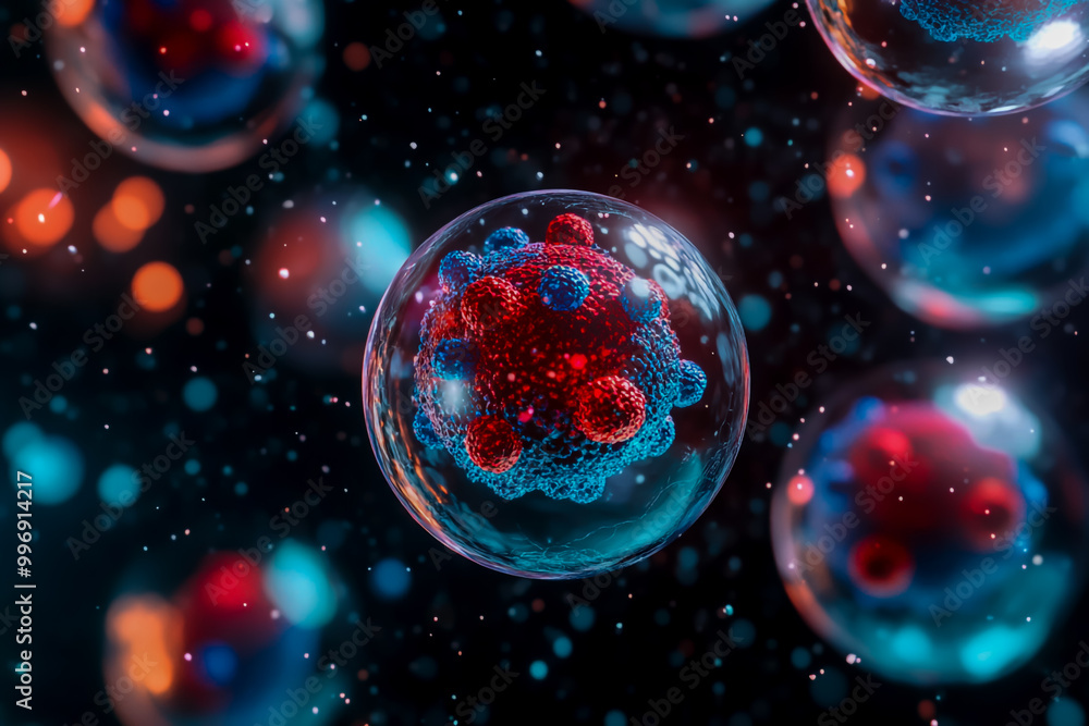 Red and blue virus cells in a transparent cell on a dark background. Red and blue virus cells in a transparent cell on a dark background.