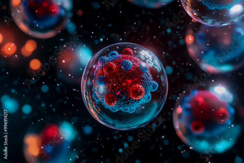 Red and blue virus cells in a transparent cell on a dark background.