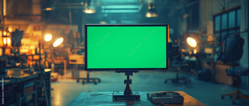 green screen mockup is displayed on monitor in well lit workshop, surrounded by tools and equipment, creating professional atmosphere for creative projects green screen mockup is displayed on monitor in well lit workshop, surrounded by tools and equipment, creating professional atmosphere for creative projects