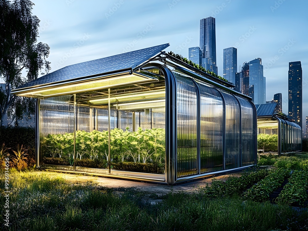 Fototapeta premium Vertical Farming and Solar Powered Greenhouses Thriving Urban Agriculture in a Futuristic Cityscape with Metallic and Glass Structures Dramatic Chiaroscuro Lighting