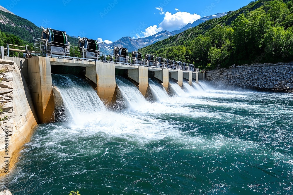 A hydroelectric dam producing clean energy, representing the use of natural resources for green technology A hydroelectric dam producing clean energy, representing the use of natural resources for green technology