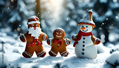 Gingerbread Santa Claus and snowman in a snowy winter forest embodying holiday joy, warmth, and festive magic