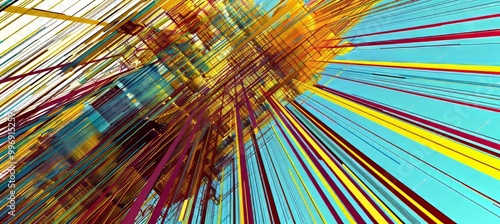 Vibrant abstract artwork featuring dynamic lines in yellow, gray, brown, crimson, and turquoise