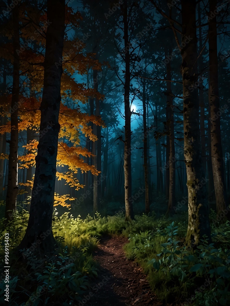 Enchanted autumn forest at night with vibrant foliage and soft moonlight. Enchanted autumn forest at night with vibrant foliage and soft moonlight.