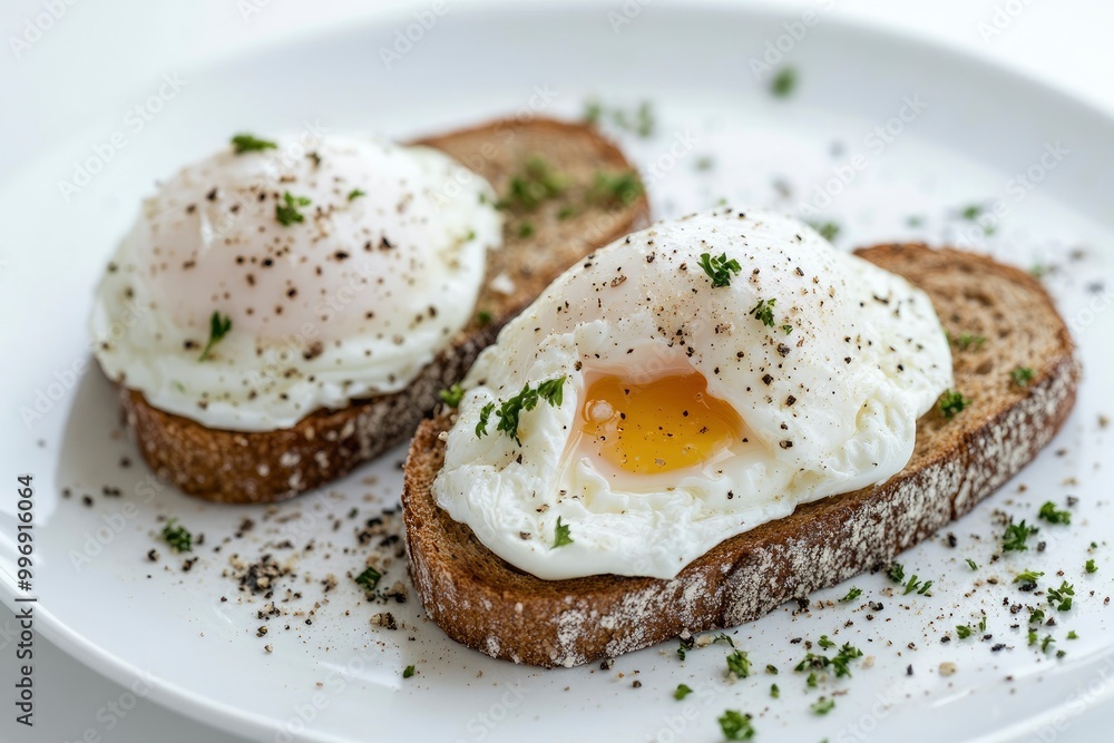 Fresh poached eggs on rye toast with a white background - generative ai Fresh poached eggs on rye toast with a white background - generative ai