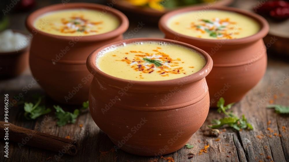 Authentic Indian cold drink made up of curd, milk & malai called Lassi in saffron / kesar flavour, also called kesariya or keshariya or kesar lassi, served in traditional indian terracotta glasses Authentic Indian cold drink made up of curd, milk & malai called Lassi in saffron / kesar flavour, also called kesariya or keshariya or kesar lassi, served in traditional indian terracotta glasses