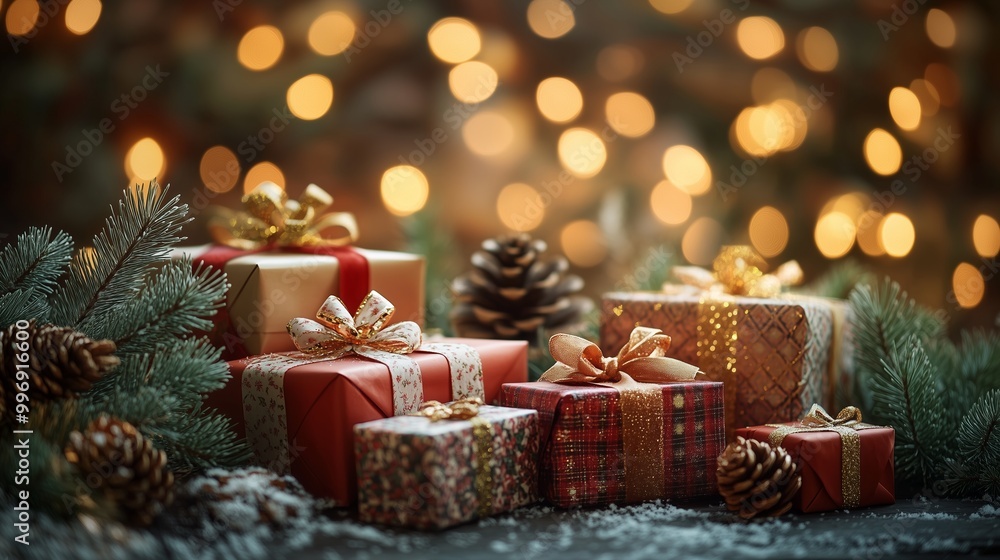 A cozy holiday scene with vibrant gifts, pinecones, and twinkling lights evokes festive cheer. A cozy holiday scene with vibrant gifts, pinecones, and twinkling lights evokes festive cheer.