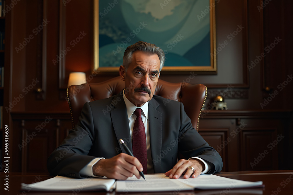 Middle Eastern CEO reviewing documents in luxurious boardroom Middle Eastern CEO reviewing documents in luxurious boardroom