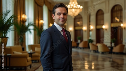 Experienced hotelier overseeing a grand hotel lobby.