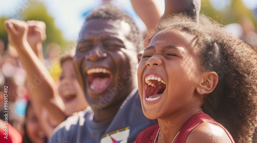 A medium close-up of parents cheering for their child at a school event or sports game, their expressions full of pride and encouragement.