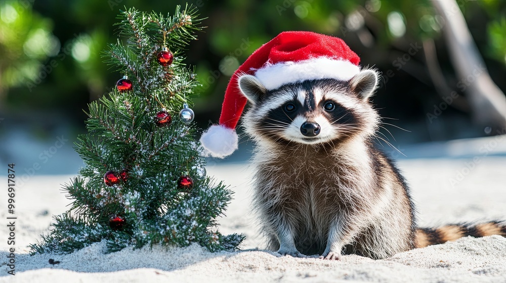 Raccoon with santa hat on the beach with christmas tree
Raccoon with santa hat on the beach with christmas tree