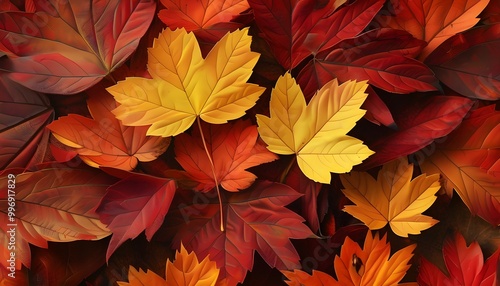 Colorful Autumn Leaves Mosaic - Close-up of rich reds, oranges, and yellows showcasing natures vibrant fall palette in a beautiful overlapping pattern.