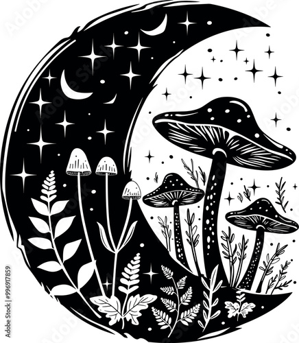 Mushroom silhouette with mystical elements. Celestial mushrooms featuring moon, stars, leaves, and moon phases in a magic line style. Boho witchy doodle design.