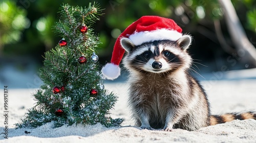 Raccoon with santa hat on the beach with christmas tree 