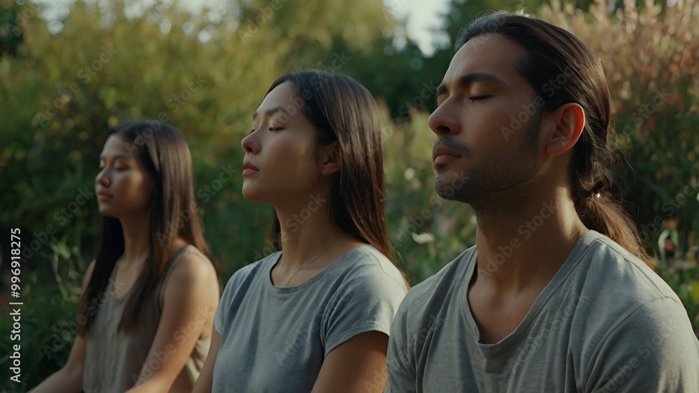 A group of people meditating in a outdoor garden, the peaceful environment clears the mind. A group of people meditating in a outdoor garden, the peaceful environment clears the mind.