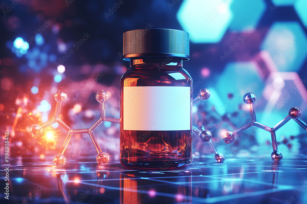 A medical bottle with a blank label, surrounded by molecular structures, symbolizes scientific research and pharmaceutical innovation. A medical bottle with a blank label, surrounded by molecular structures, symbolizes scientific research and pharmaceutical innovation.