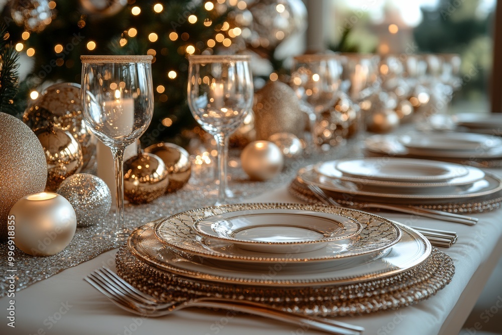 Naklejka premium Beautifully set New Year's table with candles, elegant dishes and a centerpiece of gold and silver jewelry. Generative AI