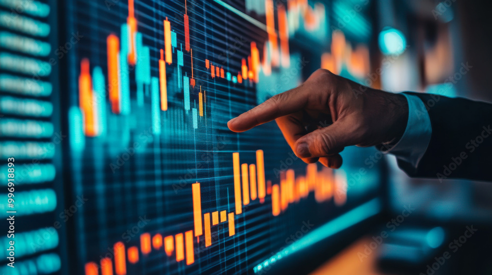 Business professional analyzing financial trends through a digital interface at night, illuminated by vibrant golden data visualizations Business professional analyzing financial trends through a digital interface at night, illuminated by vibrant golden data visualizations