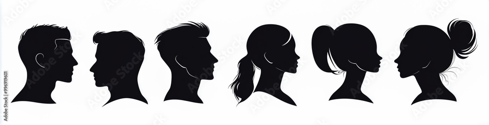 Set of black male and female silhouette heads, vector illustration on a white background. Set of black male and female silhouette heads, vector illustration on a white background.
