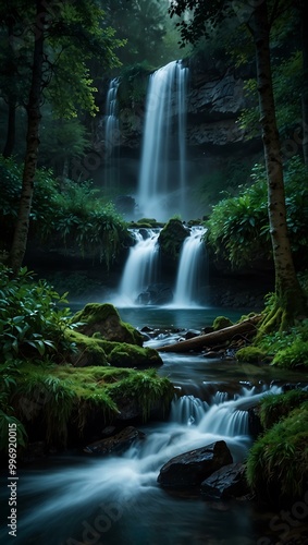 Fantasy scene of a magical night with forest waterfalls.