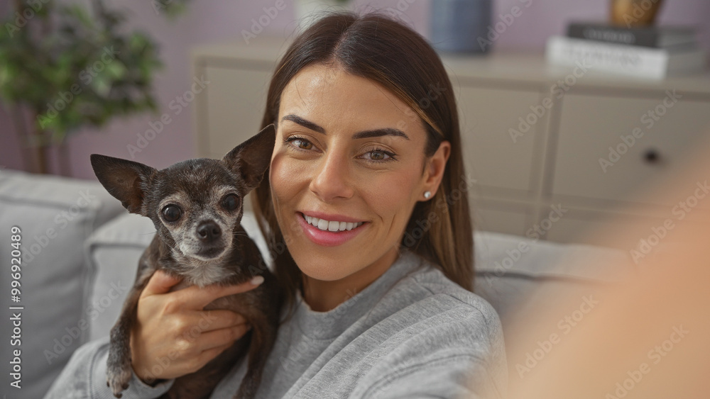 A smiling young woman holds a chihuahua in a cozy living room, capturing a self-portrait. A smiling young woman holds a chihuahua in a cozy living room, capturing a self-portrait.