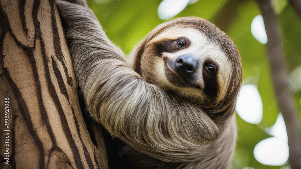 A sloth hangs from a tree branch its fur-covered body relaxed in the tropical rainforest canopy. A sloth hangs from a tree branch its fur-covered body relaxed in the tropical rainforest canopy.