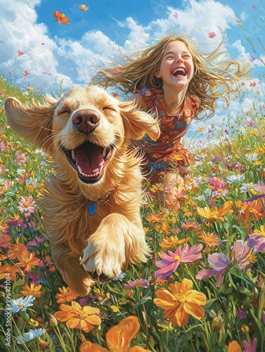 A girl laughs in delight as her dog photo