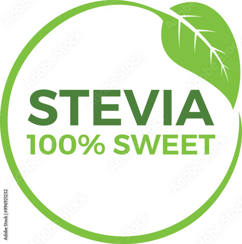 Stevia label set. Stevia sweetener. Sugar substitute. 100% natural stevia. Eco, organic and bio icon. Vector illustration. 