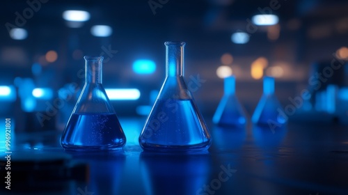 The blue liquid in a laboratory flask sits on a counter in a lab