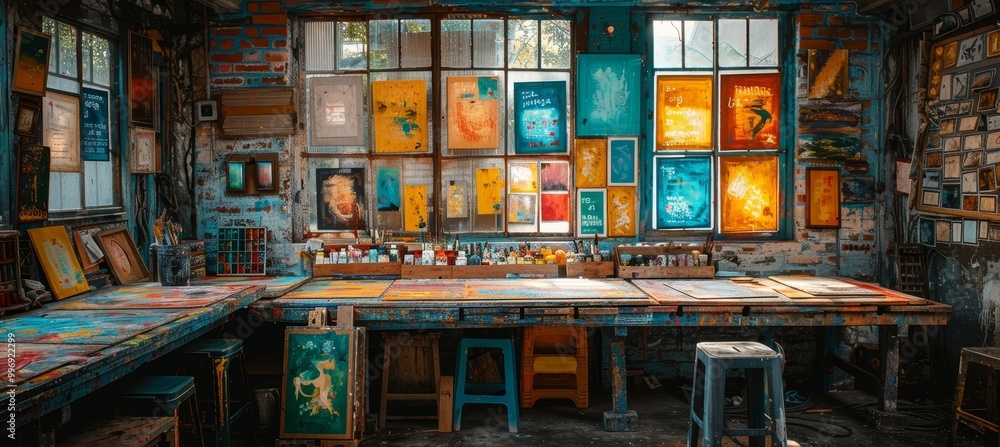 Creative oil painting studio featuring artist workspace and inspiring art supplies Creative oil painting studio featuring artist workspace and inspiring art supplies