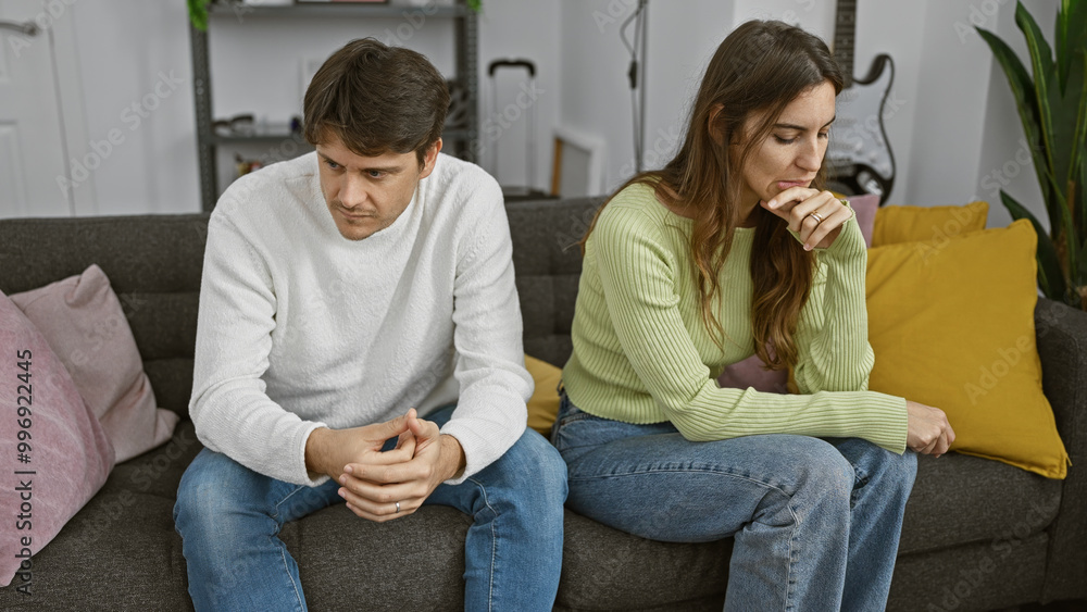 A contemplative couple sits apart on a sofa, displaying tension in a modern home setting. A contemplative couple sits apart on a sofa, displaying tension in a modern home setting.