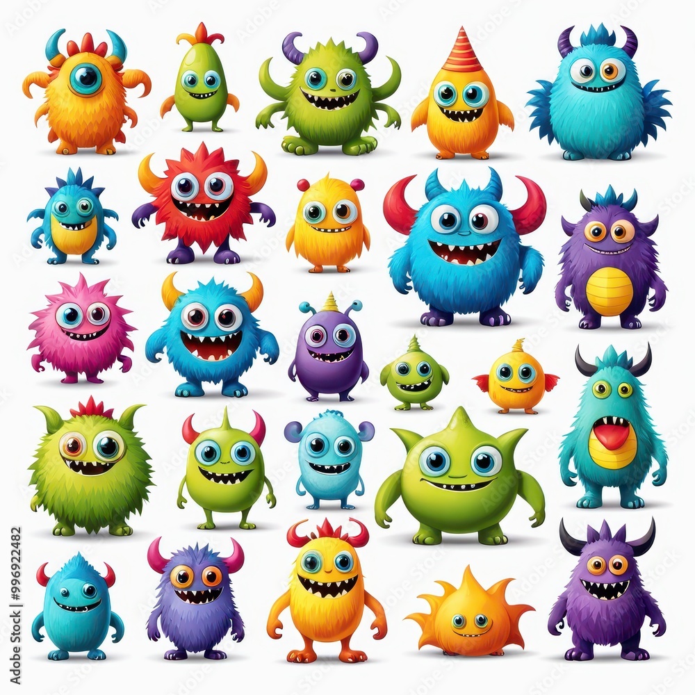 A colorful collection of cartoon monsters with various shapes and expressions. A colorful collection of cartoon monsters with various shapes and expressions.