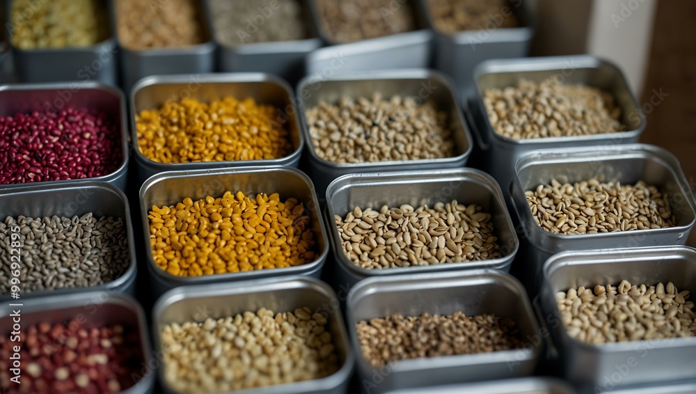 Floral seeds stored in metallic tins. Floral seeds stored in metallic tins.