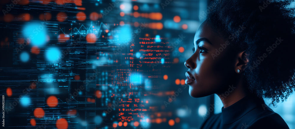 A side profile of a Black African American female IT professional immersed in analyzing a complex data set. Augmented reality overlays depict potential cybersecurity threats, creat A side profile of a Black African American female IT professional immersed in analyzing a complex data set. Augmented reality overlays depict potential cybersecurity threats, creat