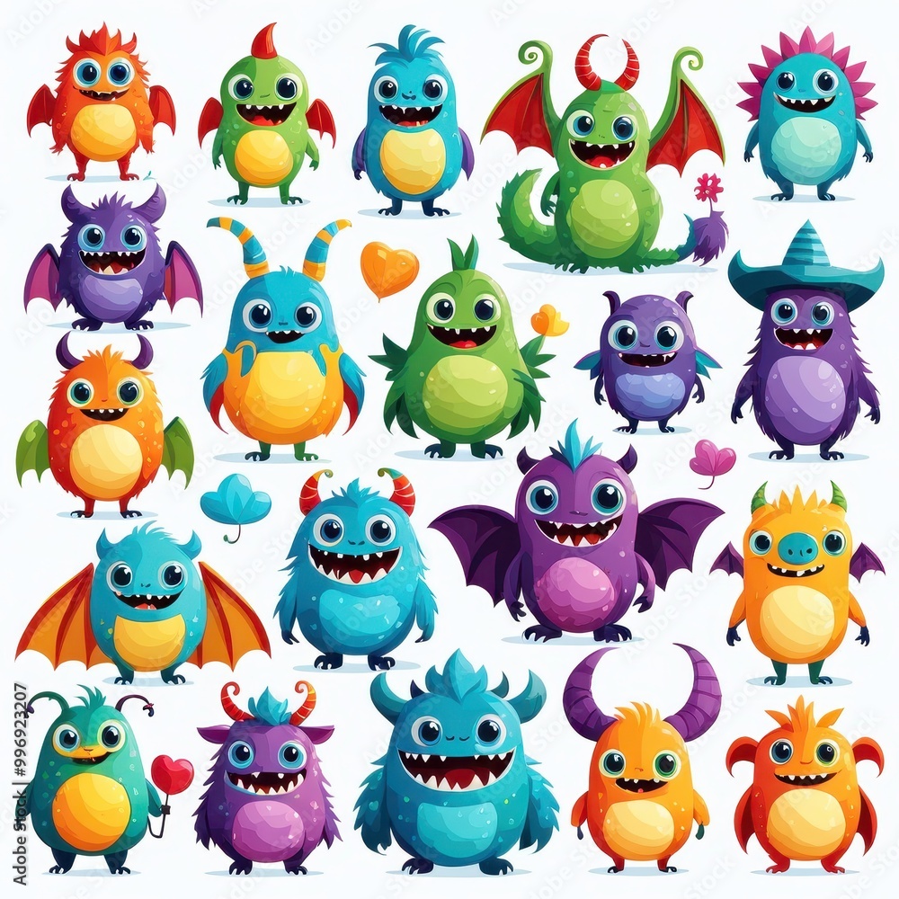 A colorful collection of cartoon monsters with various features and expressions. A colorful collection of cartoon monsters with various features and expressions.