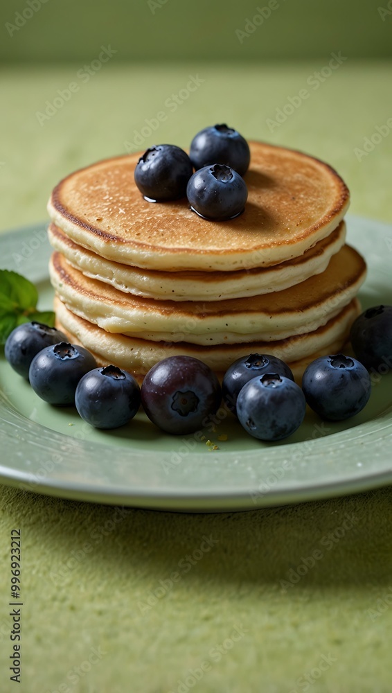 Fluffy Pancakes with Blueberries on Lime Green Background Fluffy Pancakes with Blueberries on Lime Green Background