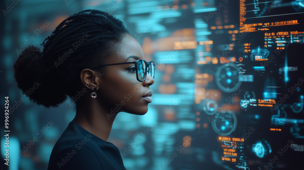 A side profile of a Black African American female IT professional immersed in analyzing cybersecurity threats. Augmented reality graphics illustrate potential risks, creating a vis A side profile of a Black African American female IT professional immersed in analyzing cybersecurity threats. Augmented reality graphics illustrate potential risks, creating a vis