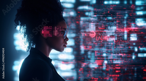 Cybersecurity Threat Illustration An African American female IT specialist is analyzing digital data in a modern office using augmented reality (AR) technology. Around her are holo