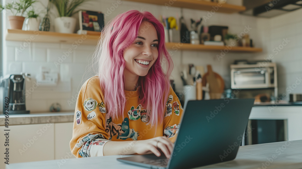 A young woman with pink hair set against a bright, modern kitchen, smiling as she interacts with colleagues during a video conference. Her laptop, adorned with stickers, showcases