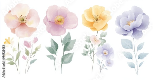 Isolated watercolor watercolor paintings of flowers and leaves. Designer poster, greeting card, birthday card. Isolated on white. A collection of watercolor paintings with wildflowers and leaves of a