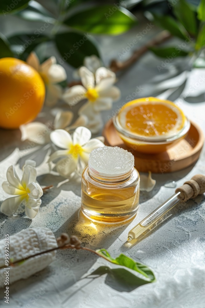 Natural skincare essentials arranged beautifully with citrus, flowers, and oils on a textured surface in bright natural light Natural skincare essentials arranged beautifully with citrus, flowers, and oils on a textured surface in bright natural light