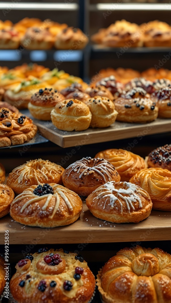 Fresh pastries beautifully displayed in a store. Fresh pastries beautifully displayed in a store.