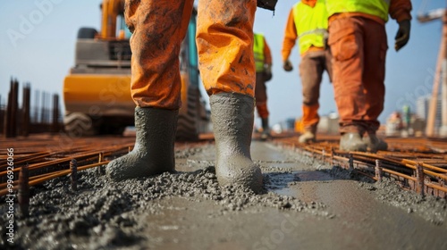 Construction workers placing concrete on a bridge deck with machinery bridge deck construction process