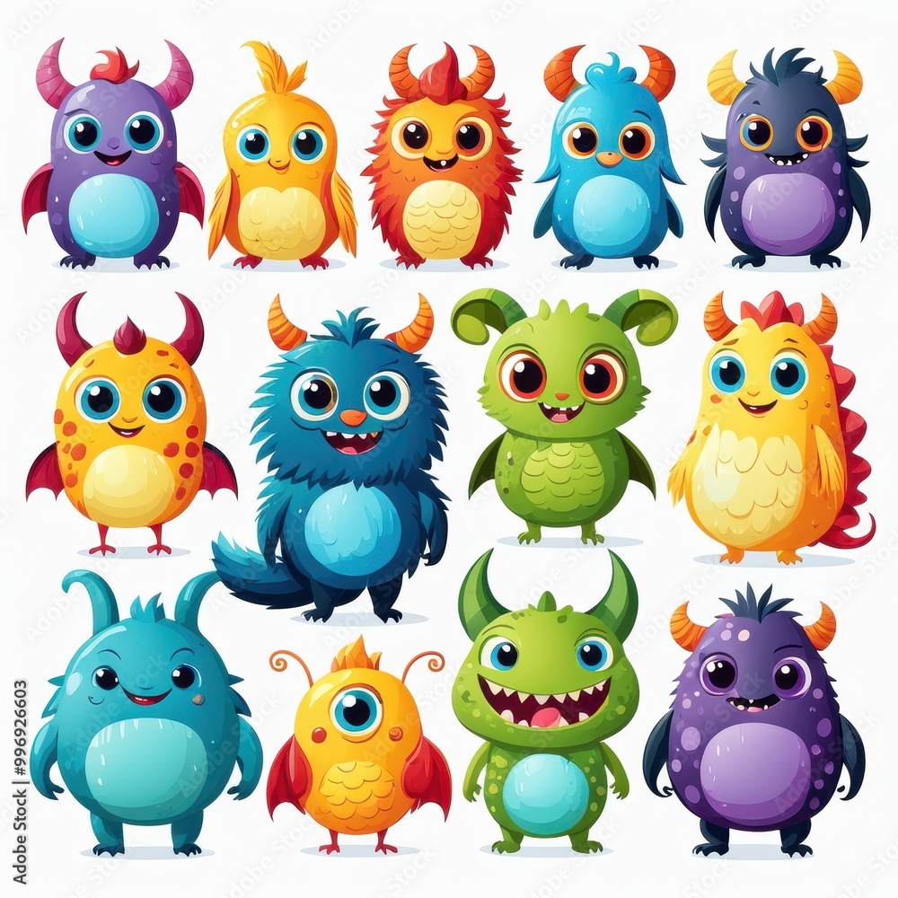 A colorful collection of cute, cartoonish monster characters with various features and expressions. A colorful collection of cute, cartoonish monster characters with various features and expressions.