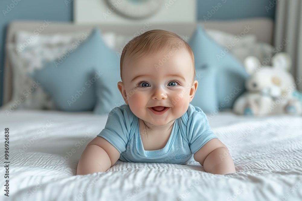 Portrait of a happy, laughing baby boy lying on a white bed Portrait of a happy, laughing baby boy lying on a white bed