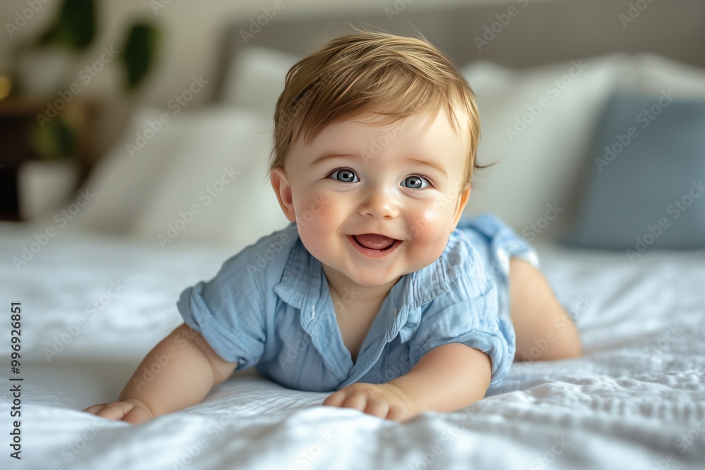 A happy laughing baby lying on a white bed A happy laughing baby lying on a white bed